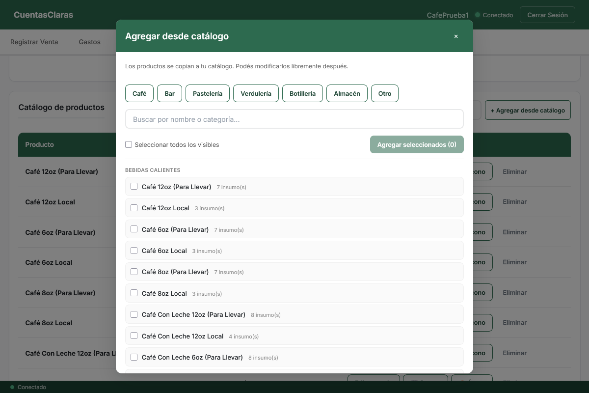 Modal 'Agregar desde catálogo' con la lista de productos del rubro elegido y checkboxes para sumarlos.