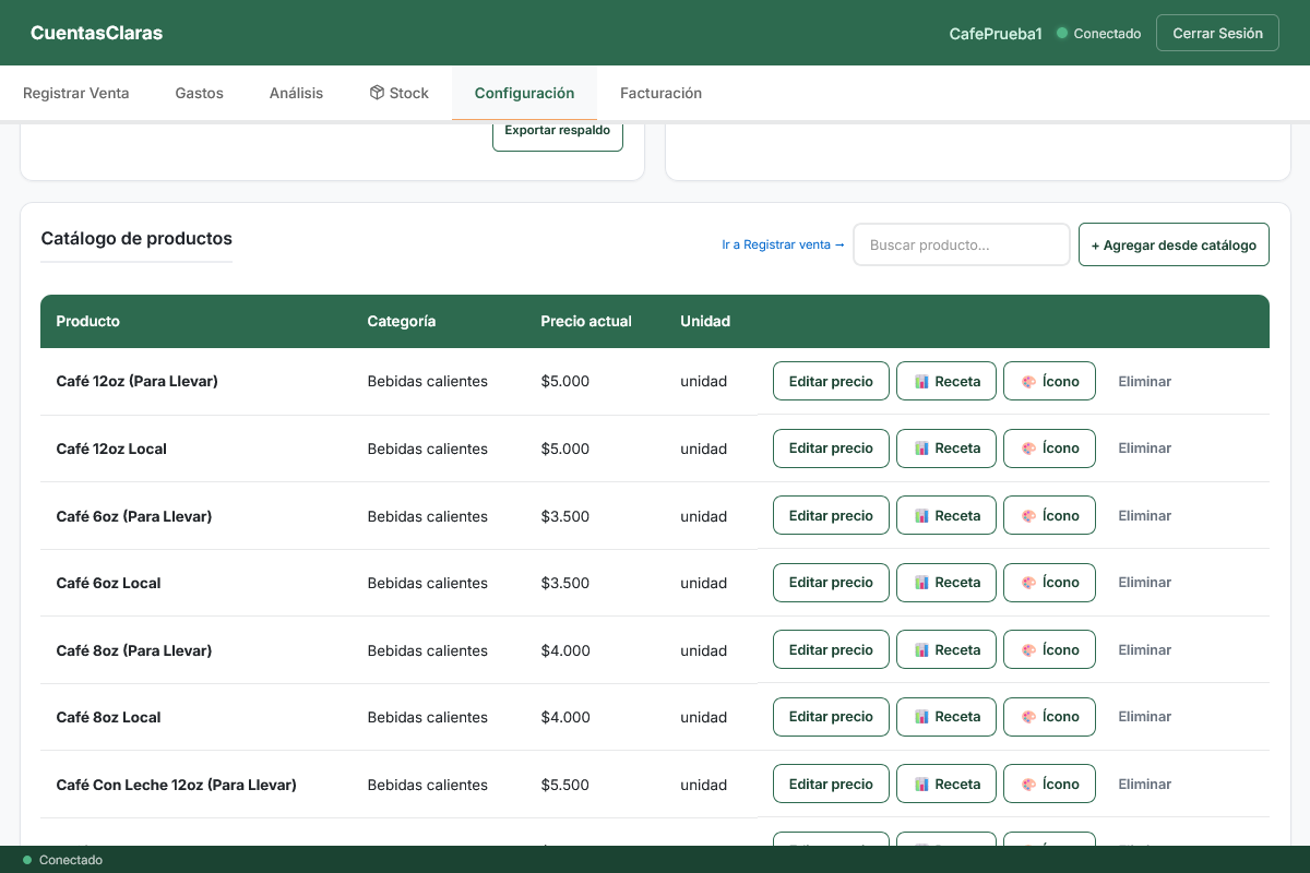 Tab Catálogo en Configuración con la lista de productos y el editor de precio abierto.