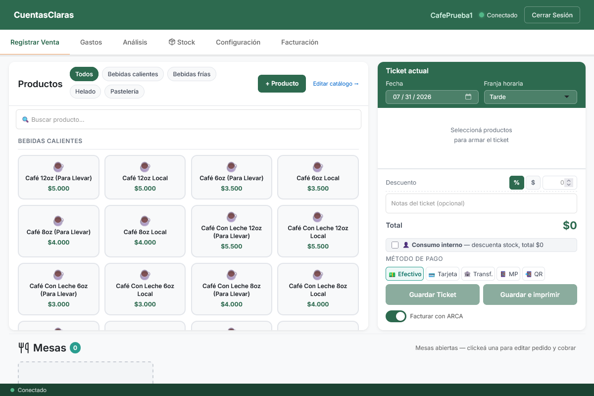 Cabecera de CuentasClaras después de iniciar sesión, con el nombre del negocio y las tabs disponibles.