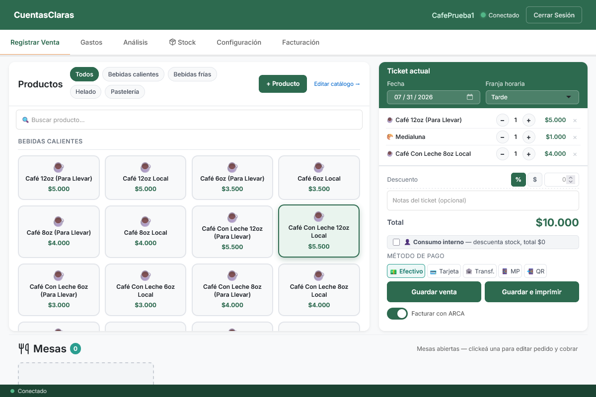 Pantalla Registrar venta con la grilla de productos y un ticket en curso.