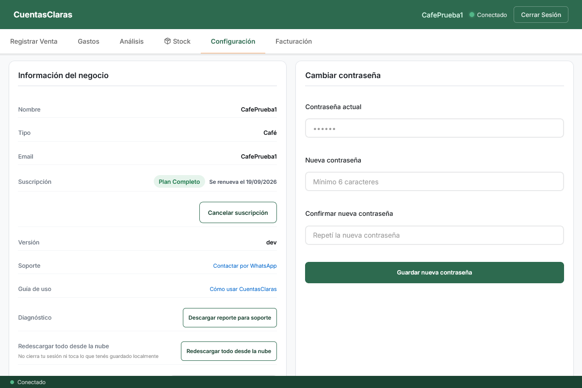 Sección Configuración con el estado del plan, el badge de plan y el botón de suscripción.