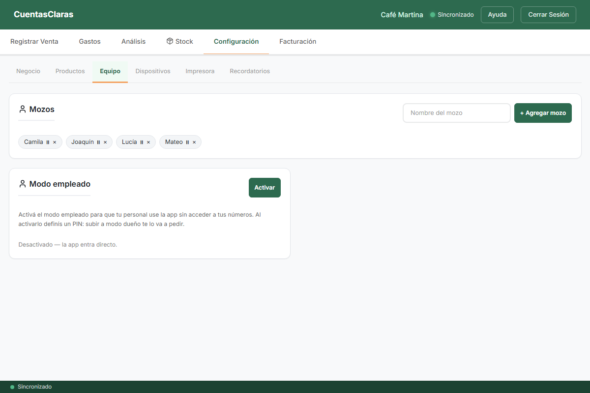 Configuración, subpestaña Negocio: las subpestañas Negocio, Productos, Equipo, Dispositivos, Impresora y Recordatorios, y la tarjeta Información del negocio con Suscripción, Soporte, Guía de uso y Diagnóstico.