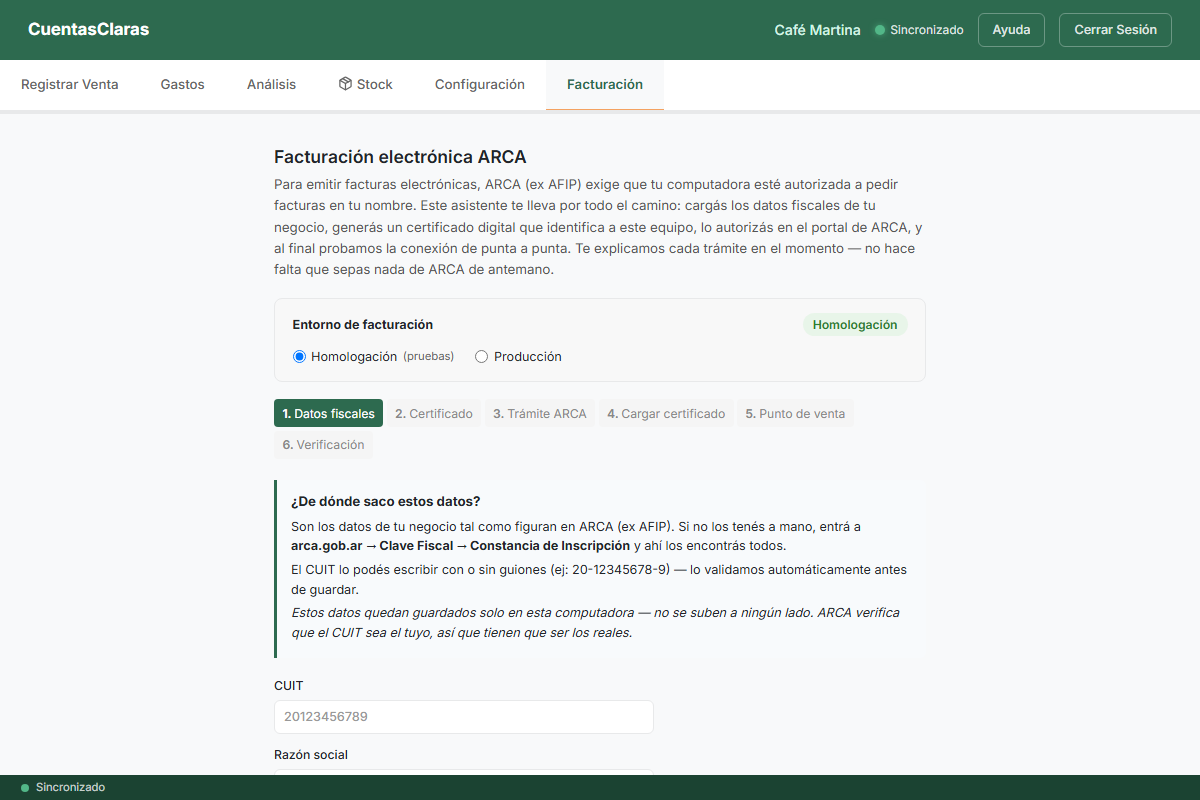 Pestaña Facturación: Entorno de facturación en Homologación y el asistente con los pasos Datos fiscales, Certificado, Trámite ARCA, Cargar certificado, Punto de venta y Verificación.