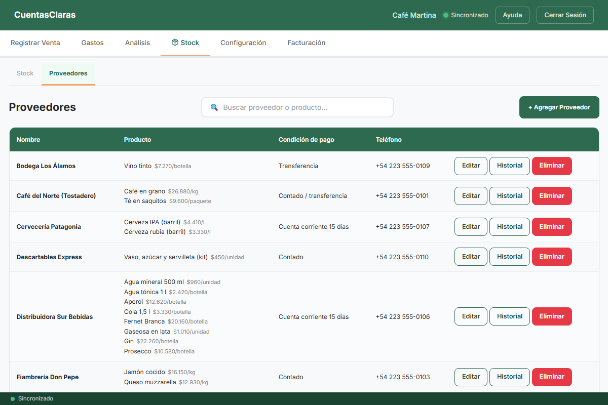 Stock, subpestaña Proveedores: buscador, botón '+ Agregar Proveedor' y tabla con Nombre, Producto, Condición de pago, Teléfono y los botones Editar, Historial y Eliminar.